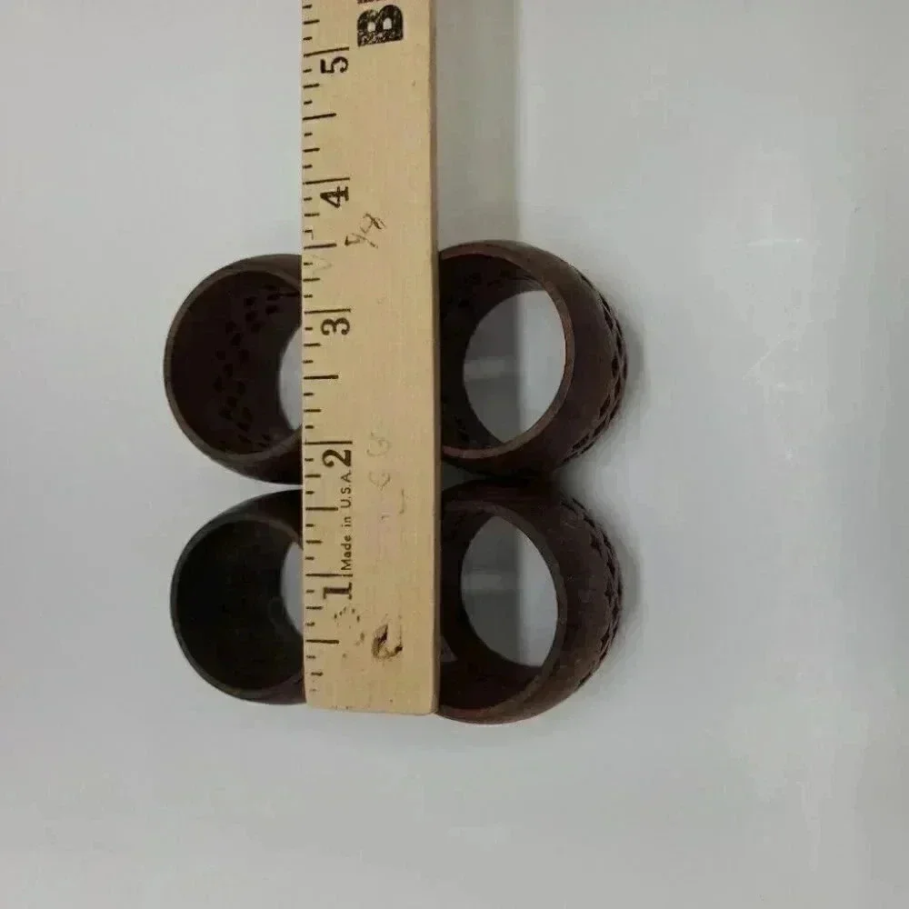 Vintage Teak Napkin Rings Set of 4 Diamond Lace Design